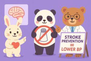 脳の図を指すウサギ、塩に赤いバツ印を付けたパンダ、「STROKE PREVENTION = LOWER BP」と書かれた看板を指す医師のクマが描かれた、脳卒中予防と血圧の関係をわかりやすく伝えるカラフルでかわいい動物キャラクターのイラスト