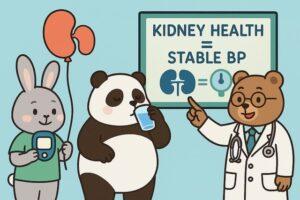 腎臓の形をした風船を持つウサギ、水を飲むパンダ、「KIDNEY HEALTH = STABLE BP」と書かれた看板を指す医師のクマが描かれた、腎臓と血圧の関係をわかりやすく伝えるカラフルでかわいい動物キャラクターのイラスト
