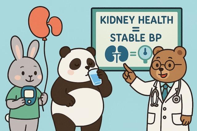 腎臓の形をした風船を持つウサギ、水を飲むパンダ、「KIDNEY HEALTH = STABLE BP」と書かれた看板を指す医師のクマが描かれた、腎臓と血圧の関係をわかりやすく伝えるカラフルでかわいい動物キャラクターのイラスト