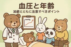 医師のクマが血圧のグラフを示し、若いウサギ、中年のパンダ、高齢のクマが聞いている、年齢ごとの血圧管理をやさしく伝えるかわいい動物キャラクターのイラスト