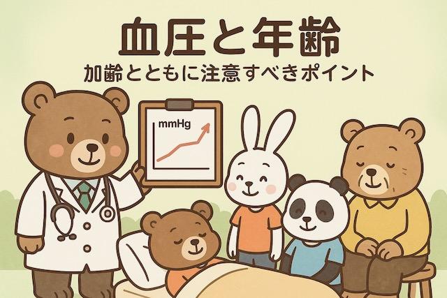 医師のクマが血圧のグラフを示し、若いウサギ、中年のパンダ、高齢のクマが聞いている、年齢ごとの血圧管理をやさしく伝えるかわいい動物キャラクターのイラスト