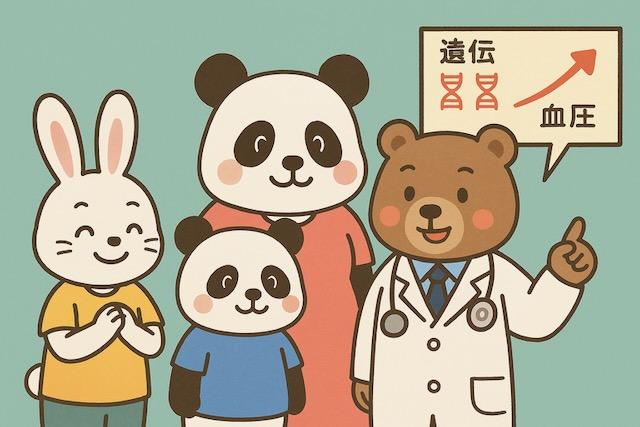 血圧の遺伝的リスクを説明する医師のクマと、その話を聞くウサギの子どもとパンダの両親が描かれた、血圧と遺伝の関係をやさしく伝えるかわいい動物キャラクターのイラスト
