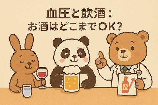 ワインを飲むウサギ、ビールを飲むパンダ、節度ある飲酒を指導する医師のクマが描かれた、血圧と飲酒の関係をやさしく伝えるかわいい動物キャラクターのイラスト
