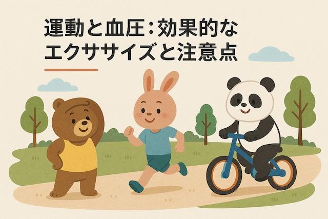 ストレッチするクマ、ジョギングするウサギ、自転車に乗るパンダが公園で運動している、血圧改善に効果的なエクササイズを楽しく伝えるかわいい動物キャラクターのイラスト