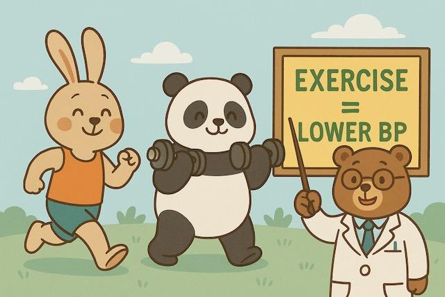 ジョギングするウサギ、ダンベルを持つパンダ、「EXERCISE = LOWER BP」と書かれた看板を指す医師のクマが描かれた、運動と血圧の関係をわかりやすく伝えるカラフルでかわいい動物キャラクターのイラスト