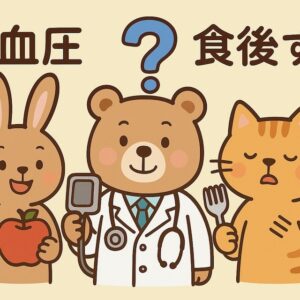 サラダを食べるウサギ、30分を示す時計を持つパンダ、血圧計を持つ医師のクマが登場する、食後の血圧測定の注意点をやさしく伝えるかわいい動物キャラクターのイラスト