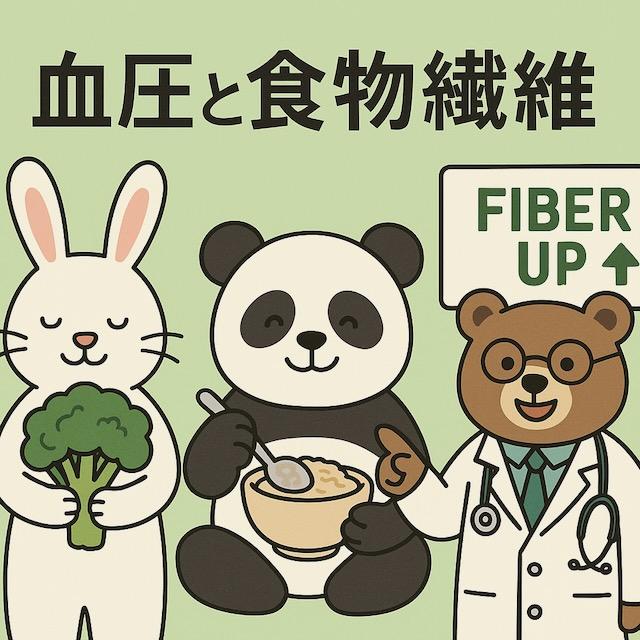 ブロッコリーを持つウサギ、オートミールを食べるパンダ、「FIBER UP」と書かれた看板を持つ医師のクマが描かれた、食物繊維と血圧の関係をわかりやすく伝えるかわいい動物キャラクターのイラスト