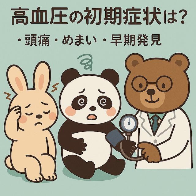 頭痛に悩むウサギ、めまいでふらつくパンダ、血圧計で測定する医師のクマが登場する、高血圧の初期症状をわかりやすく伝えるかわいい動物キャラクターのイラスト