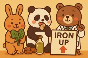 ほうれん草を持つウサギ、アサリを食べるパンダ、「IRON UP」と書かれた看板を指す医師のクマが描かれた、鉄分と血圧の関係をわかりやすく伝えるカラフルでかわいい動物キャラクターのイラスト