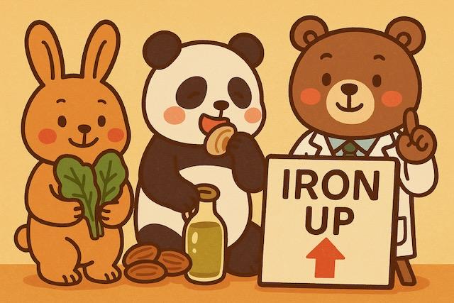 ほうれん草を持つウサギ、アサリを食べるパンダ、「IRON UP」と書かれた看板を指す医師のクマが描かれた、鉄分と血圧の関係をわかりやすく伝えるカラフルでかわいい動物キャラクターのイラスト