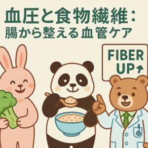 ブロッコリーを持つウサギ、オートミールを食べるパンダ、「FIBER UP」と書かれた看板を指す医師のクマが描かれた、食物繊維と血圧の関係をわかりやすく伝えるカラフルでかわいい動物キャラクターのイラスト