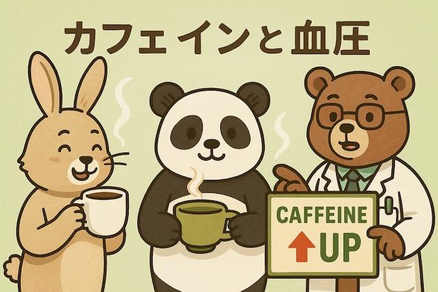 コーヒーを飲むウサギ、緑茶を飲むパンダ、「CAFFEINE UP」と書かれた看板を指す医師のクマが描かれた、カフェインと血圧の関係をわかりやすく伝えるカラフルでかわいい動物キャラクターのイラスト
